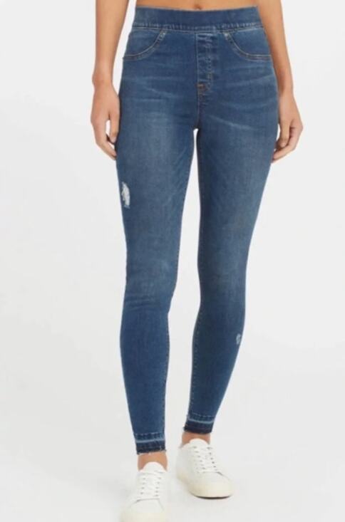 SPANX Denim - SPANX NEW NWT Large Blue Denim Medium Wash Distressed Skinny Jeans Raw Hem